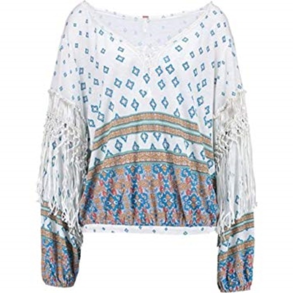 Free People Boho Macra Maze Me Fringe-Trim Top - Picture 2 of 4